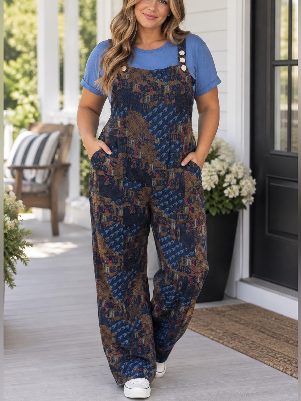 Large Casual Blue Patchwork Print Overalls Coveralls Classic Comfort